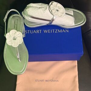 Stuart Weitzman Metallic Silver Sandals with White Floral Detail